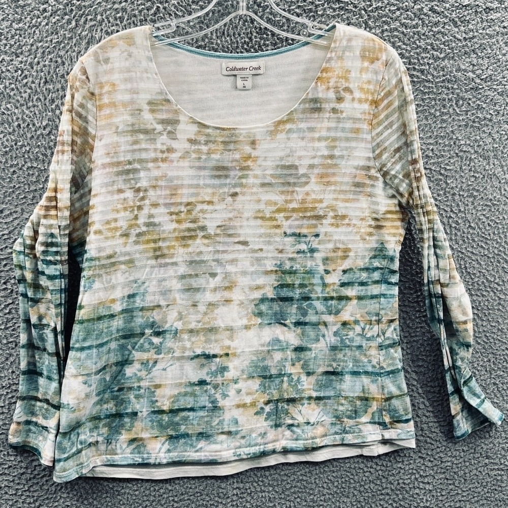 Women Textured Top L Pleated Abstract Watercolor Artsy Layered Statement Relaxed